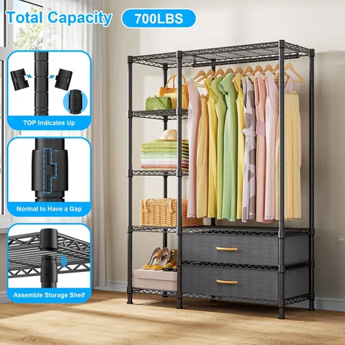 Vista 5 de Ulif F3 Perchero de Servicio Pesado (con cajones de tela), percheros independientes para colgar ropa, sistema organizador de armario ajustable