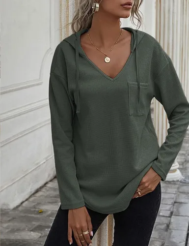 Vista 4 de Sudadera de manga larga con capucha y cuello en V, sudadera sin botones con cordón y bolsillo