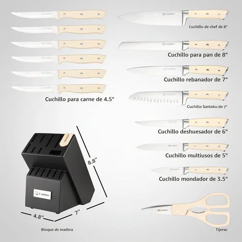 Vista 2 de Juego de 16 piezas de cuchillos de acero inoxidable alemán con bloque, mango ergonómico ABS, cuchillos de chef, afilador y tijeras para picar