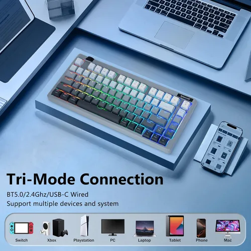 Vista 3 de Redragon Teclado mecánico inalámbrico, Bluetooth/2.4GHz/USB-C con cable, 75% teclado para juegos personalizado intercambiable en caliente