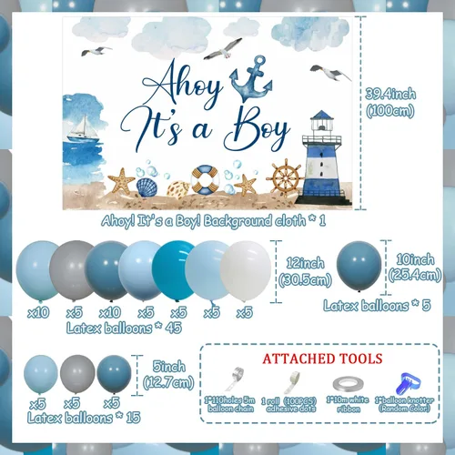 Vista 2 de 70 piezas de decoraciones náuticas para baby shower para niños con fondo Ahoy It's a Boy azul blanco marino marino faro barco y arco de globos