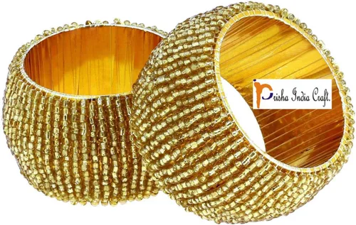 Vista 3 de Prisha India Craft ® Juego de 6 servilleteros con cuentas, adornos dorados de Navidad, perfectos para cenas, fiestas, bodas, hechos a mano