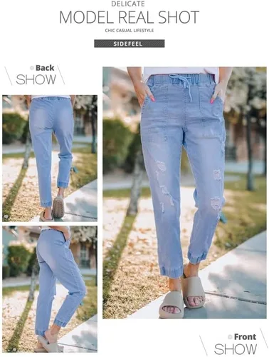 Vista 5 de Sidefeel - Pantalones de mezclilla para mujer, con aspecto desgastado, elásticos y con cintura elástica
