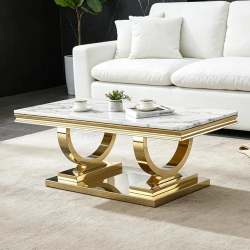 Vista 20 de Mesa de centro de mármol negro Henf de lujo, mesa auxiliar rectangular de mármol sintético de imitación con base de acero inoxidable dorado
