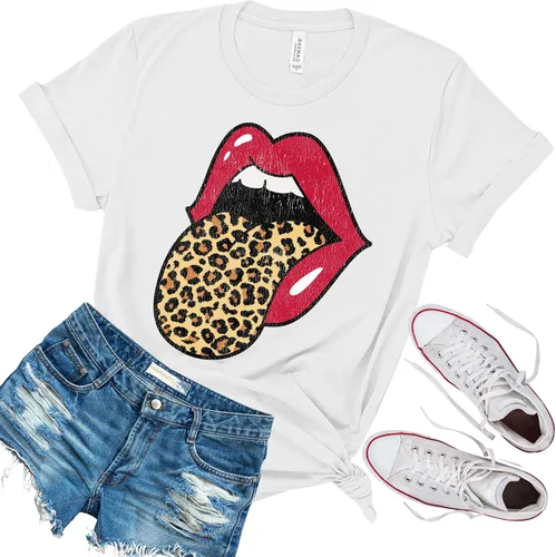 Vista 2 de Red Lips - Camiseta con estampado de leopardo y lengua desgastada, camiseta gráfica de moda con estampado de animales de guepardo, talla unisex