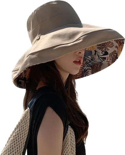 Vista 54 de Sombrero de sol de ala súper ancha para mujer, de algodón, plegable, reversible, con borde con cable, protección UV, verano, playa, viajes, jardín