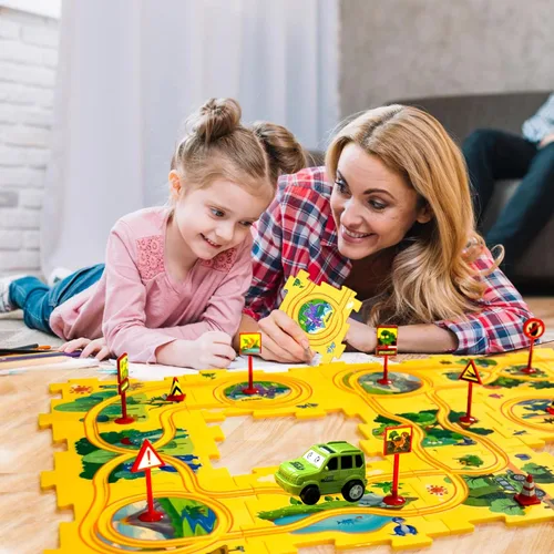 Vista 6 de Regalo de Cumpleaños para Niño de 4 Años, Set de Pista de Carros Rompecabezas para Niños con Mapa de Carretera, Set de Juego de Carros de Pista