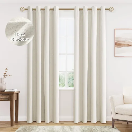 Vista 57 de Beige White Linen Blackout Curtains 90 Length 2 Panels Set for Living Room Bedroom, 100% Black Out Thermal Insulated Linen Drapes, Room Darkening