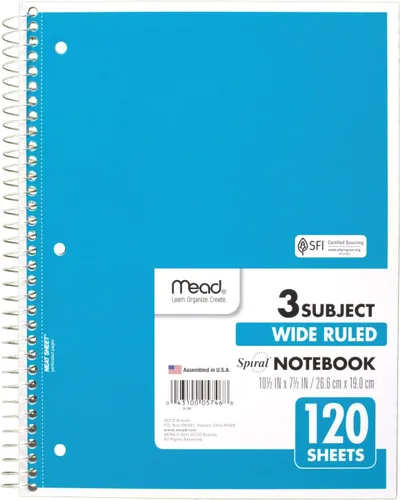 Vista 11 de Mead Cuaderno de espiral, 3 materias, papel rayado universitario, 120 hojas, 10-1/2 x 8 pulgadas, color seleccionado para ti, 1 unidad (05748)