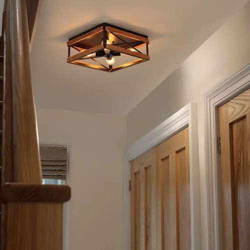 Vista 2 de Lámpara de techo rústica de 4 luces, de metal y madera, cuadrada, para pasillo, dormitorio, cocina, entrada, sala de estar, color negro