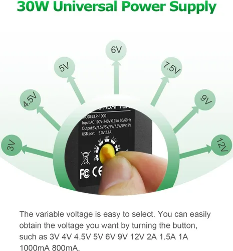 Vista 8 de Adaptador de corriente universal de CA a CC de 30 W, fuente de alimentación ajustable, 3 V, 4,5 V, 6 V, 9 V, 12 V, 2 A, 1 A, adaptador de corriente