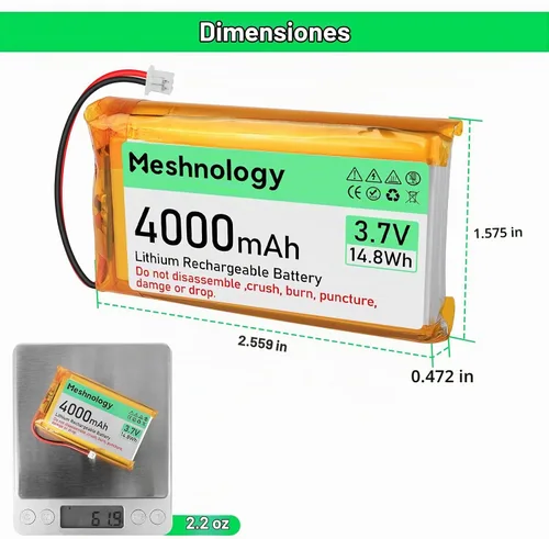 Vista 6 de Batería Li de 3.7 V 4000 mAh con cable de cargador USB 124065 1S LiPo batería con placa de protección, cinta de goma aislada y enchufe micro JST