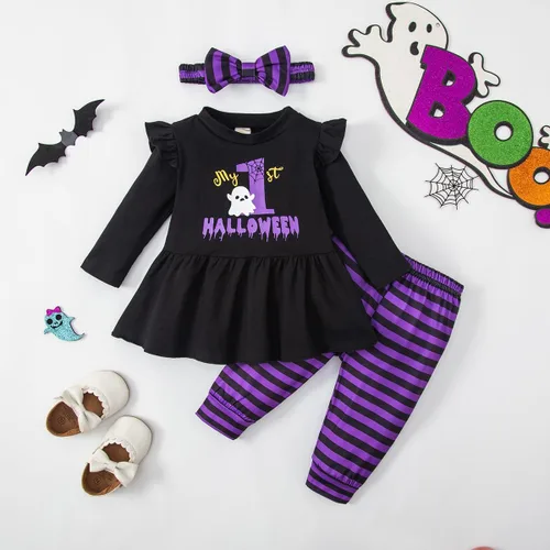 Vista 3 de Noubeau My 1st Halloween Baby Girl Outfits Ruffle Pumpkin Print Túnica Drees Camisa Pantalones Rayas Legging Otoño Invierno Ropa