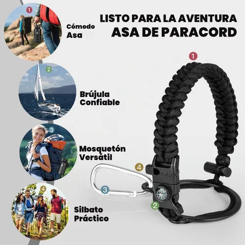 Vista 3 de RAYMYLO Botella de agua aislada con mango Paracord negro (Magic Black)