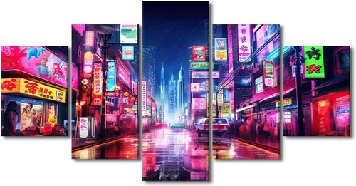 Vista 116 de Póster de 5 paneles en lienzo para decoración de pared, diseño de centro urbano Cyberpunk, impresión moderna, decoración de pared para el hogar