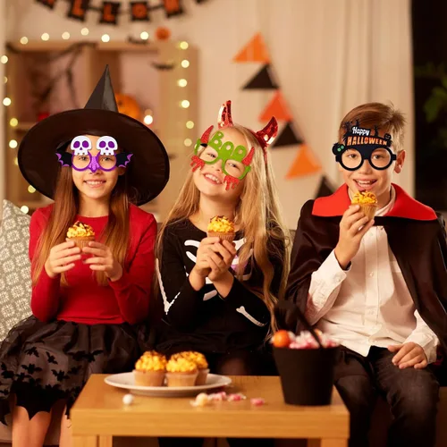 Vista 7 de Garma 24 gafas de Halloween para niños, gafas de plástico para fiestas con purpurina, calabaza, araña, gafas con temática de fantasma