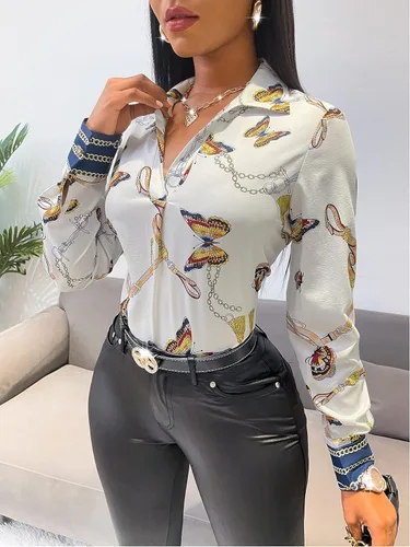 Vista 6 de Floerns Blusa de manga larga con estampado de mariposas y cuello con botones frontales para mujer