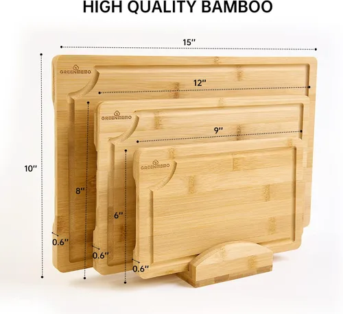 Vista 2 de Tablas de cortar de bambú para cocina, tabla de cortar de madera con soporte, juego de tablas de cortar de bambú reversible con ranuras para jugo