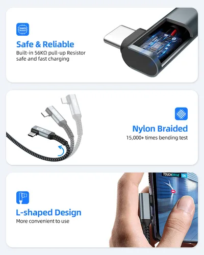 Vista 6 de Cable CarPlay 0.24 m, Cable de Transferencia de Datos de Alta Velocidad USB A a C 3.1 Gen 2 de 10 Gbps Ángulo Recto, Compatible con Android Auto