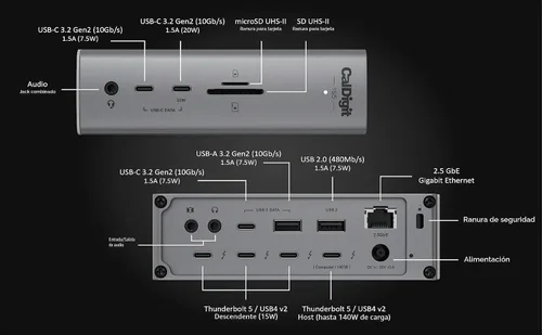 Vista 3 de CalDigit TS5 - Estación de acoplamiento Thunderbolt 5 - 15 puertos, carga dedicada del host de 140W, Thunderbolt 5 de 80 Gb/s x4, USB-C de 10 Gb/s