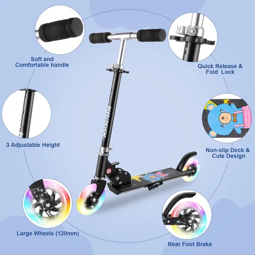 Vista 4 de Patinete para niños de 3 a 12 años – Patinete para niños con ruedas de luz LED y manubrio ajustable de 3 niveles, ligero y plegable de 2 ruedas