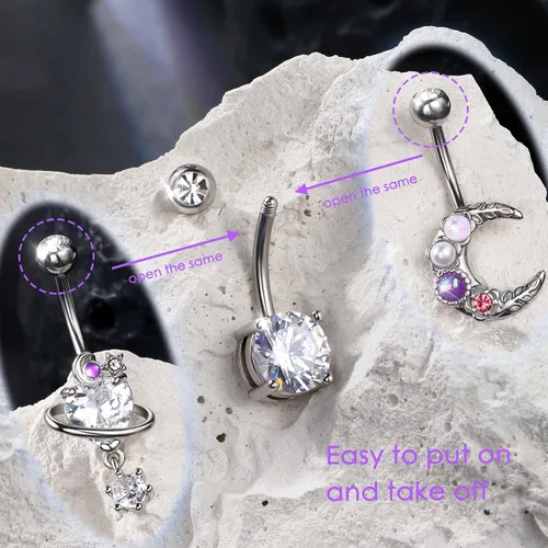 Vista 6 de CM Crareesi Mania Paquete de anillos para el ombligo de 14 G, 3 piezas de piercings brillantes para el ombligo para mujer, de acero quirúrgico 316L