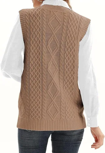 Vista 4 de Suéter de punto para mujer, cuello en V, sin mangas, cárdigan con botones, suéter con bolsillo