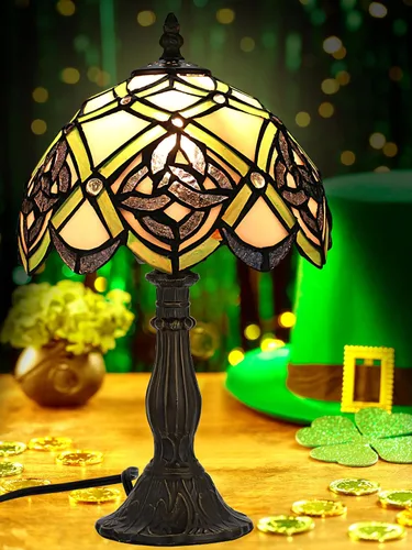 Vista 3 de KY&BOSAM Lámpara de Mesa Celta Irlandesa Tiffany Estilo Trébol Lámpara de Escritorio Luz Nocturna de Vidrio Emplomado 14 Pulgadas de Alto 8 Pulgadas