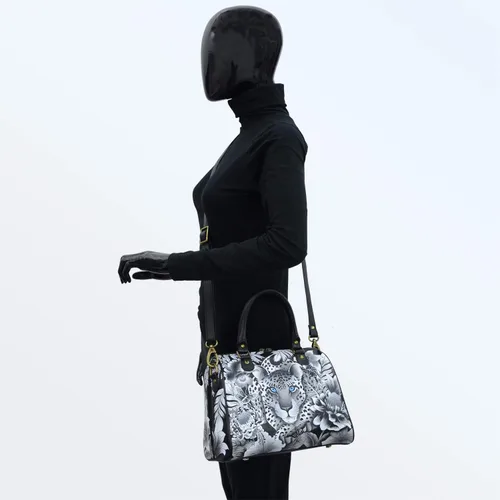 Vista 5 de Anuschka Bolso clásico con cremallera de cuero pintado a mano para mujer, Leopardo de Cleopatra, Classic