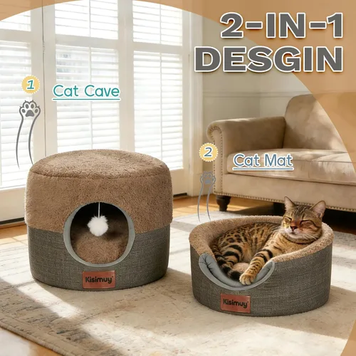 Vista 2 de Cueva de cama para gatos de interior, 2 en 1 plegable para gatos y cama lounge con cojín reversible, casa cerrada calmante y antiansiedad