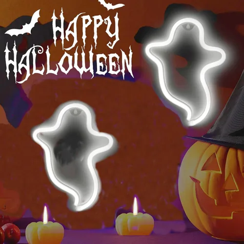 Vista 2 de Letreros LED de neón de fantasma, lámpara de noche decorativa de terror, funciona con pilas, luces góticas inalámbricas, decoraciones de Halloween