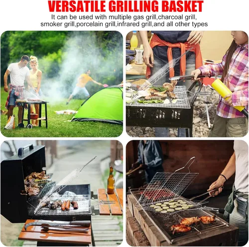 Vista 10 de Cestas de parrilla de pescado para asar al aire libre, barbacoa plegable de acero inoxidable, accesorios de parrilla con mango extraíble, cesta