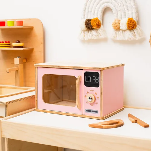 Vista 6 de Horno de microondas de madera para niños, muebles Montessori para niños pequeños, juguete de microondas, madera para niños, sala de juegos de madera