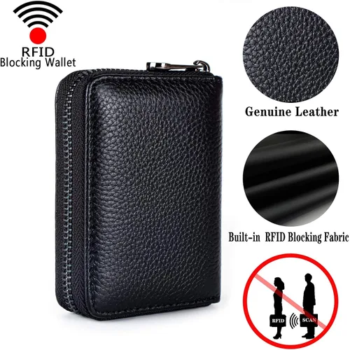 Vista 3 de Aiyo Fashion Cartera de cuero genuino para tarjetas de crédito, con bloqueo RFID, funda de identificación segura, organizador con cremallera