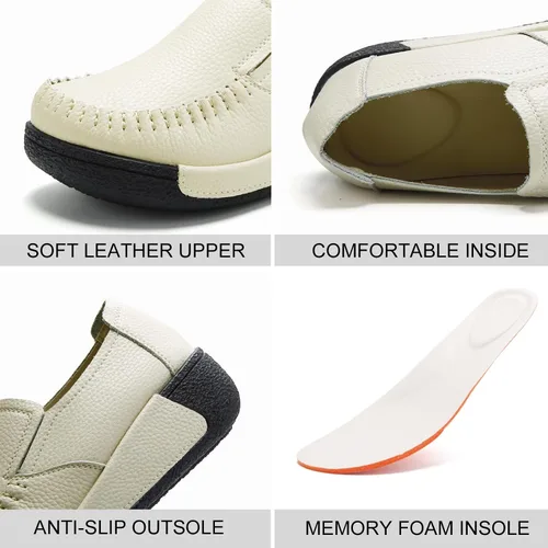 Vista 14 de UZB Mocasines de cuero sin cordones para mujer, cómodos zapatos de plataforma casuales