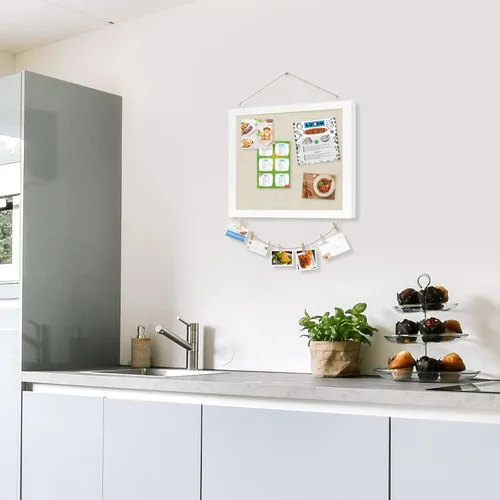 Vista 7 de Tablero de corcho de doble cara con lino, tablero de anuncios pequeño con marco de madera colgante de 12 x 12 pulgadas, kit de tablero de visión