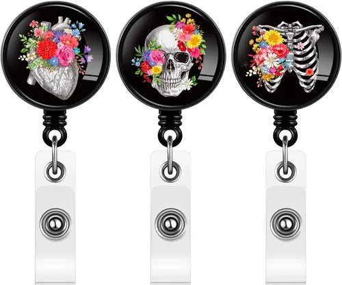 Vista 9 de Tenare 3 Piezas Carrete de Insignia Retráctil para Radiólogos Regalos del Día de los Muertos Portatarjetas de Radiólogo con Patrones de Huesos