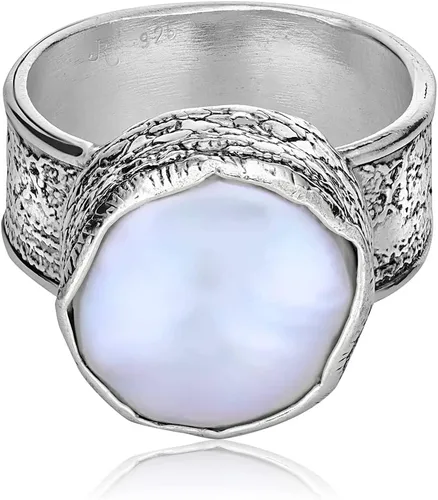 Vista 3 de JEAN RACHEL JEWELRY 925 Sterling Silver Ring With WideBold Fresh Water Pearl, Vintage Look, Hypoallergenic, Nickel and Lead-free, Artisan