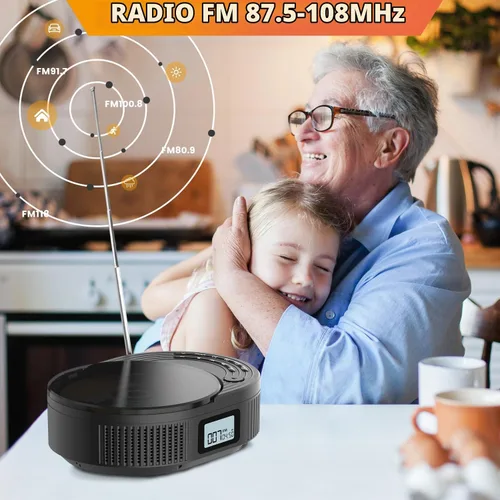 Vista 6 de MONODEAL Reproductor de CD portátil con 2 altavoces de 3 W, transmisor Bluetooth y altavoz 2 en 1, radio FM reproductor de CD combinado