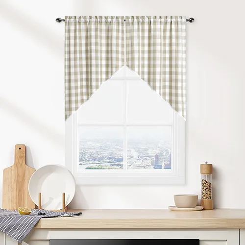 Vista 9 de Cortinas de Cocina Estilo Granja de Cuadros Vichy Blanco y Negro de 24 Pulgadas de Largo, Cortinas de Café de Media Ventana de Cuadros Buffalo