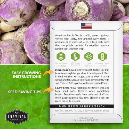 Vista 2 de Survival Garden Seeds - 1 paquete de semillas de Rutabaga púrpura estadounidense para plantar con instrucciones para cultivar Brassica Napus en tu