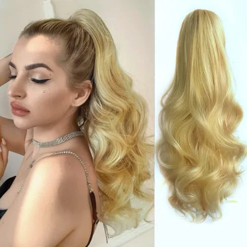 Vista 16 de Extensión de cola de caballo de garra negra natural ondulada de 16 pulgadas, extensiones de cabello sintético rizado con clip, extensiones