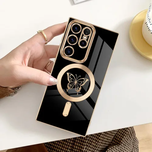 Vista 7 de Funda magnética para Samsung Galaxy S23 Ultra 5G, bonita funda de lujo con borde chapado de mariposa para mujeres, niñas y hombres, TPU suave, a