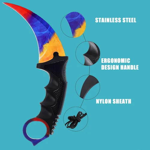 Vista 8 de Cuchillo Karambit de hoja fija de 3 piezas, herramienta de campamento, cuchillo de caza al aire libre con funda y cable, adecuado para senderismo