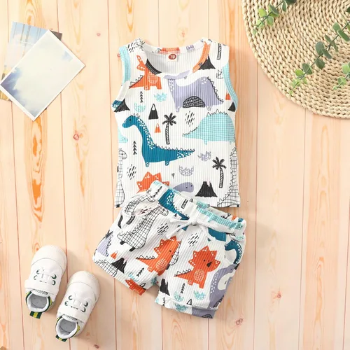 Vista 7 de Conjunto de ropa de 2 piezas de ropa de 2 piezas con estampado de dinosaurios de dibujos animados y pantalones cortos con cordón