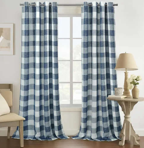 Vista 10 de Cortinas de cuadros de búfalo DriftAway a cuadros negro y blanco extralargas con tratamiento ojo de sargento para dormitorio y sala de estar