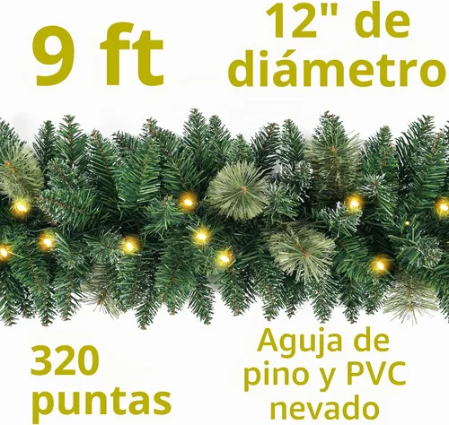 Vista 3 de Guirnalda de Navidad Preiluminada de 9 Pies con 50 Luces LED, Guirnalda de Navidad Estilo Nieve, Decoración Navideña a Batería para Repisa