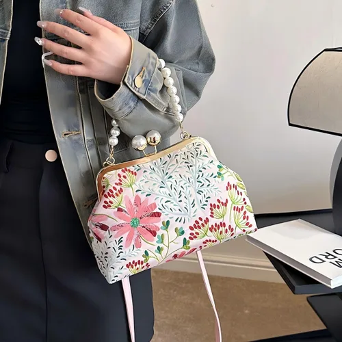 Vista 4 de Vintage Flower Embroidery Handbag,Kiss Lock Evening Shoulder Bag with Removable Shoulder Strap for Women