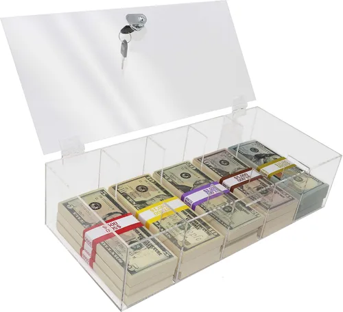 Vista 4 de Bandeja de dinero de acrílico con inserto de bandeja para monedas, organizador de efectivo transparente de 5 compartimentos, caja de almacenamiento