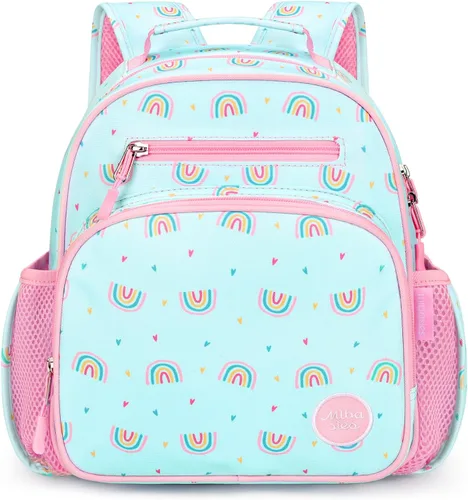 Vista 2 de mibasies Mochila para niñas y niños, ideal para niños y niñas, mochila para preescolar jardín de infantes y primaria, Rosa Arco Iris, Niñito-7L